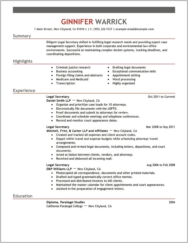 Sample Resume Secretary Job Description