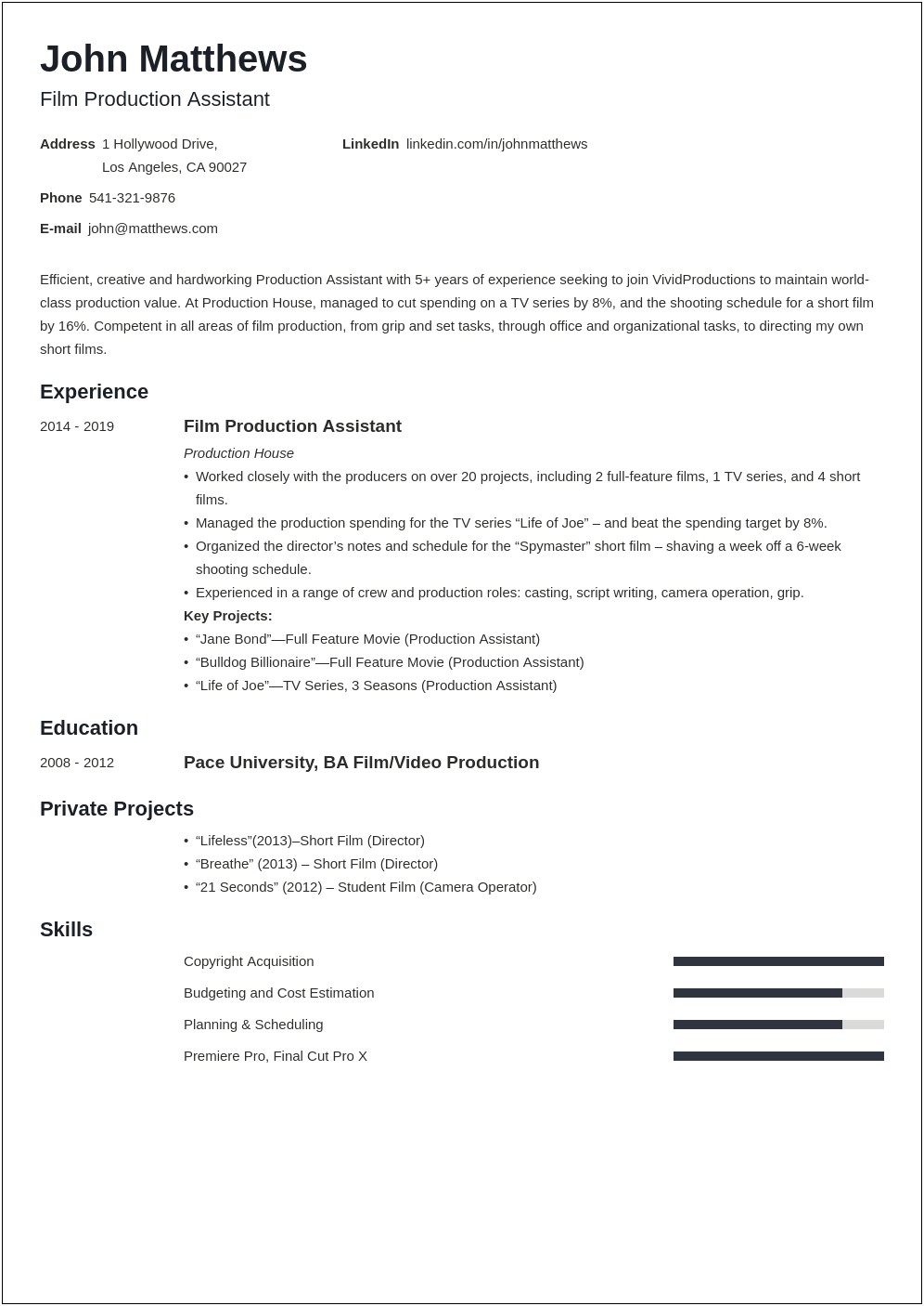 Sample Resume Seeking Production Supervisor