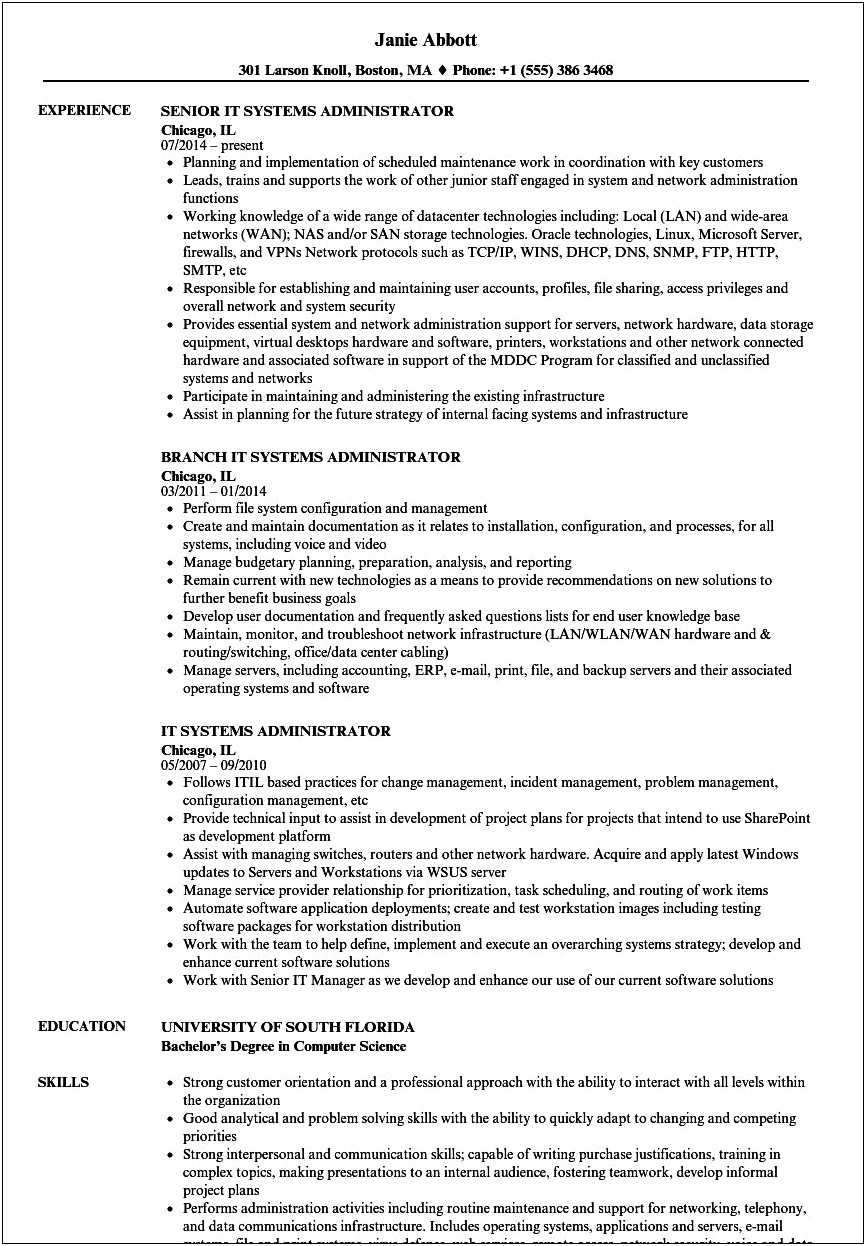 Sample Resume Senior System Administrator