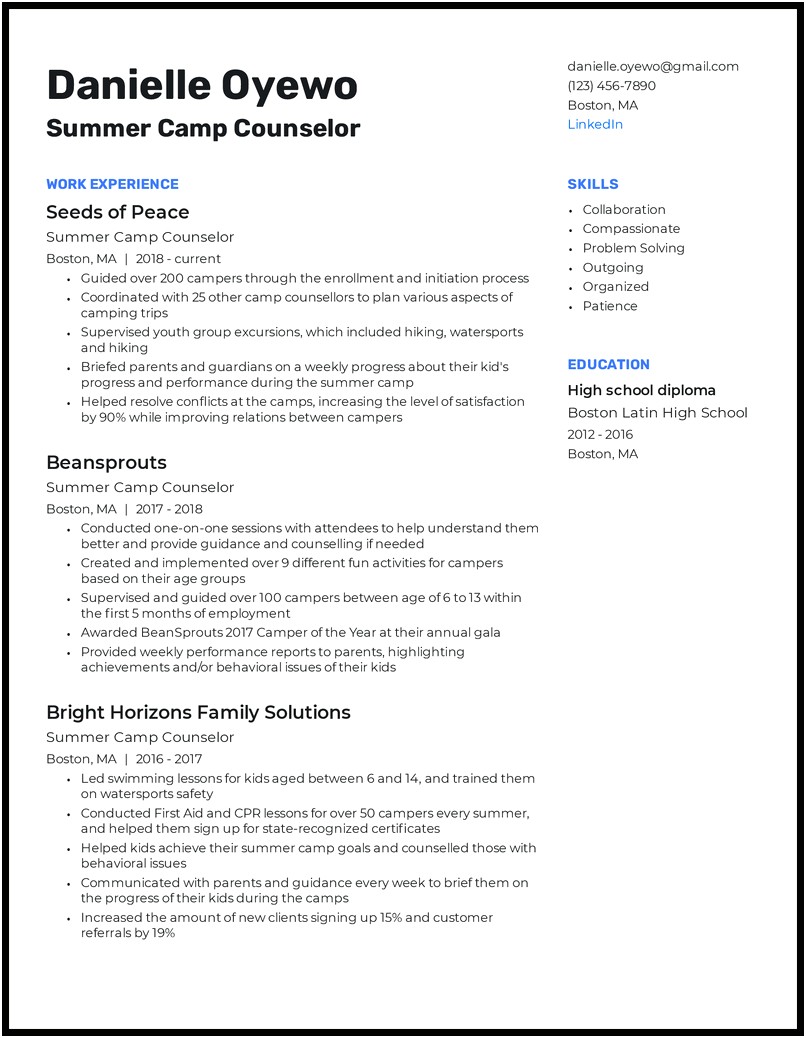 Sample Resume Summer Camp Counselor
