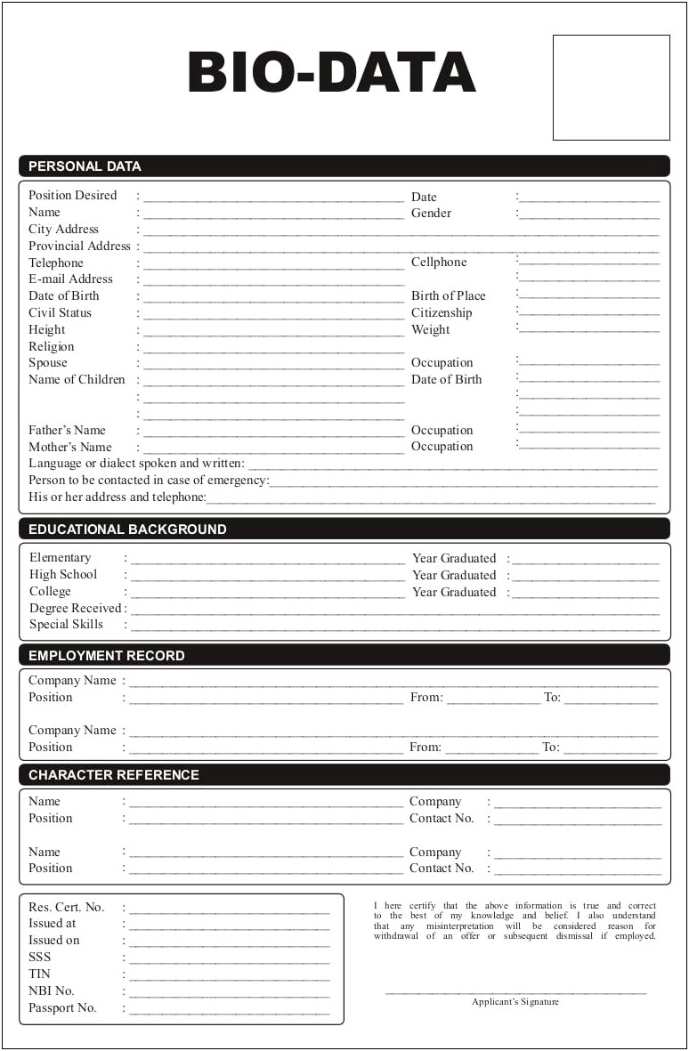 Sample Resume Tagalog Biodata Form