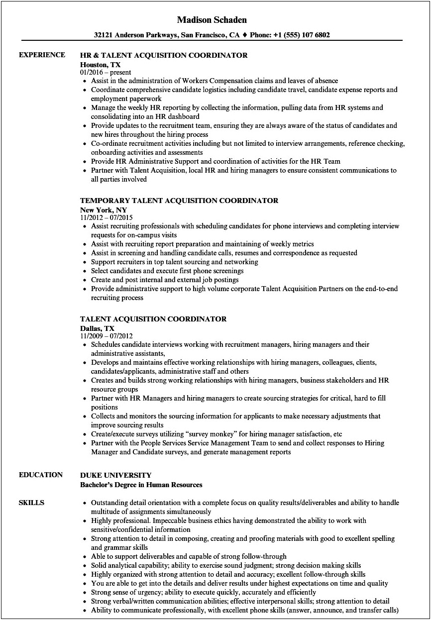 Sample Resume Talent Acquisition Specialist