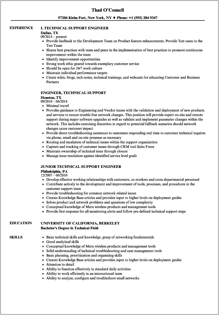 Sample Resume Technical Support Engineer