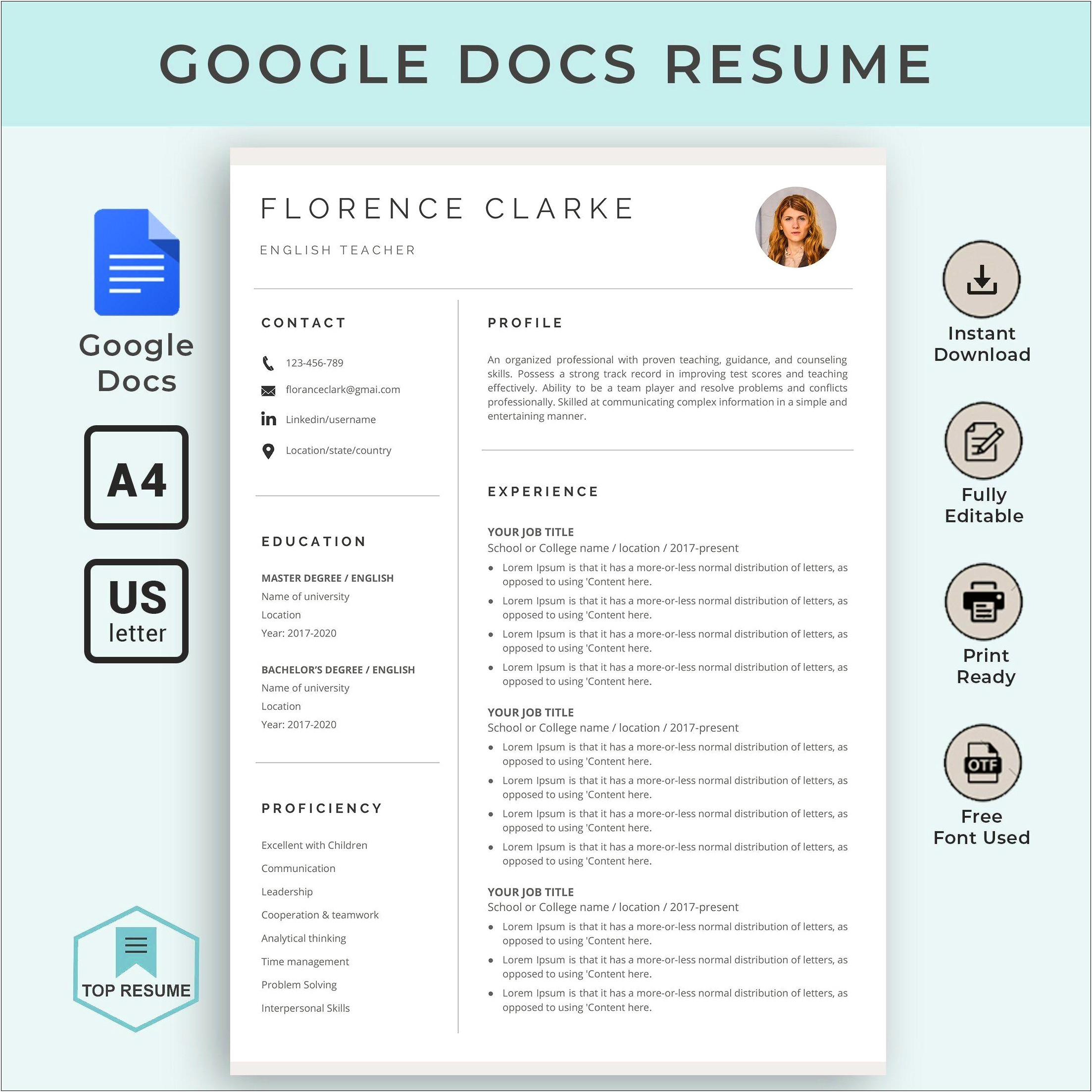 Sample Resume Templates Google Docs