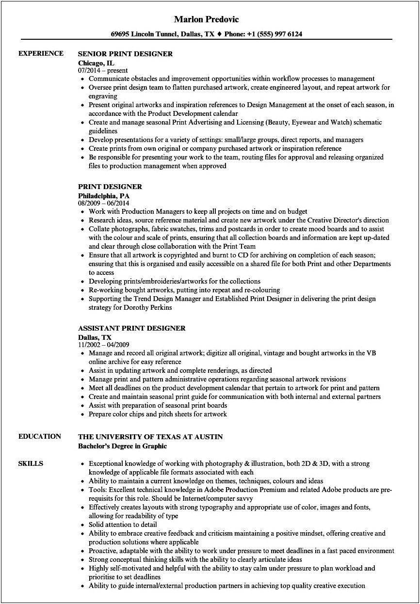 Sample Resume To Print Out