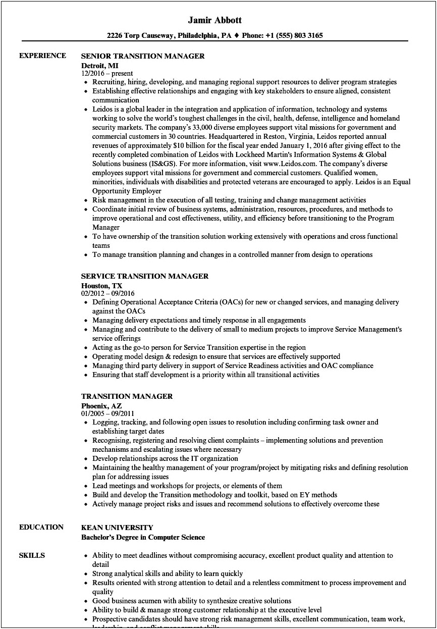 Sample Resume Transition To Consulting