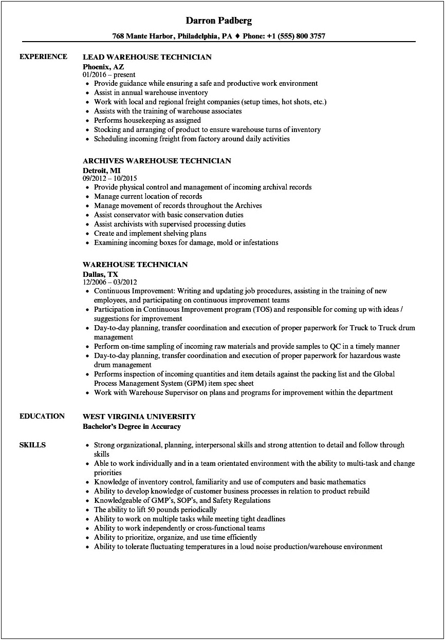 Sample Resume Warehouse Cleaning Checklist