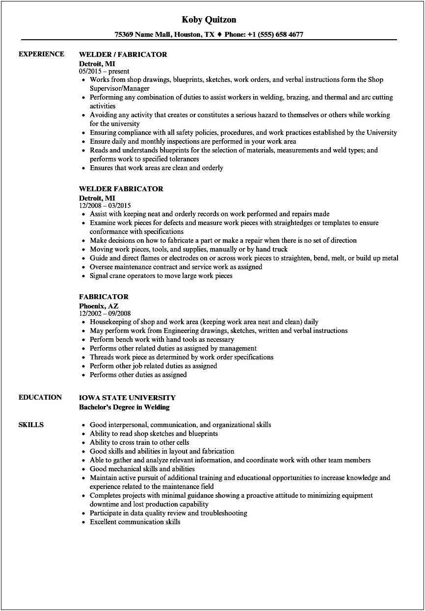 Sample Resume Welder Job Description
