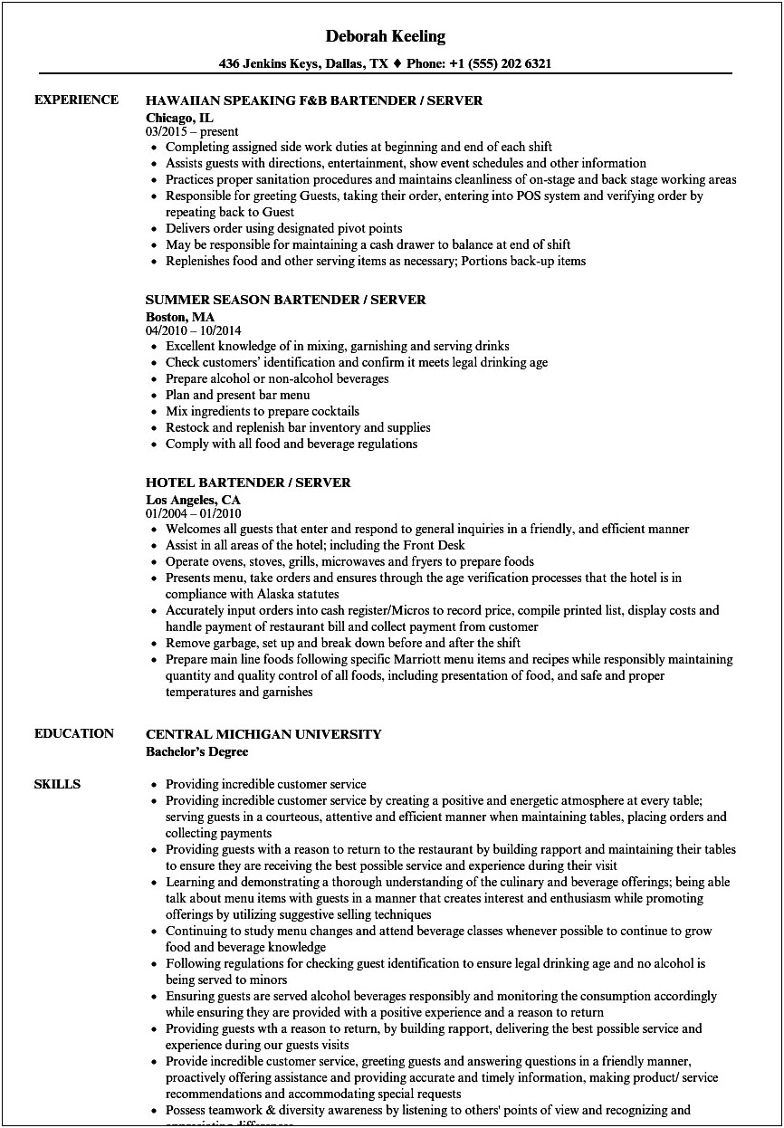 Sample Resume With Bartender Experience
