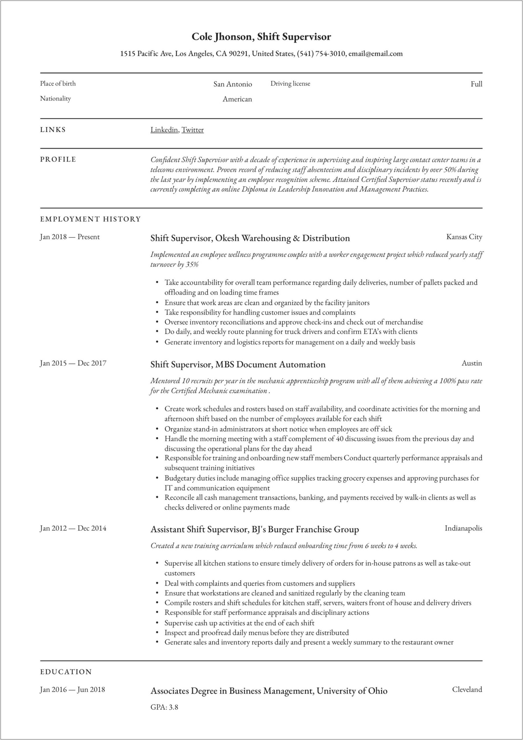 Sample Resume With Supervisor Experience