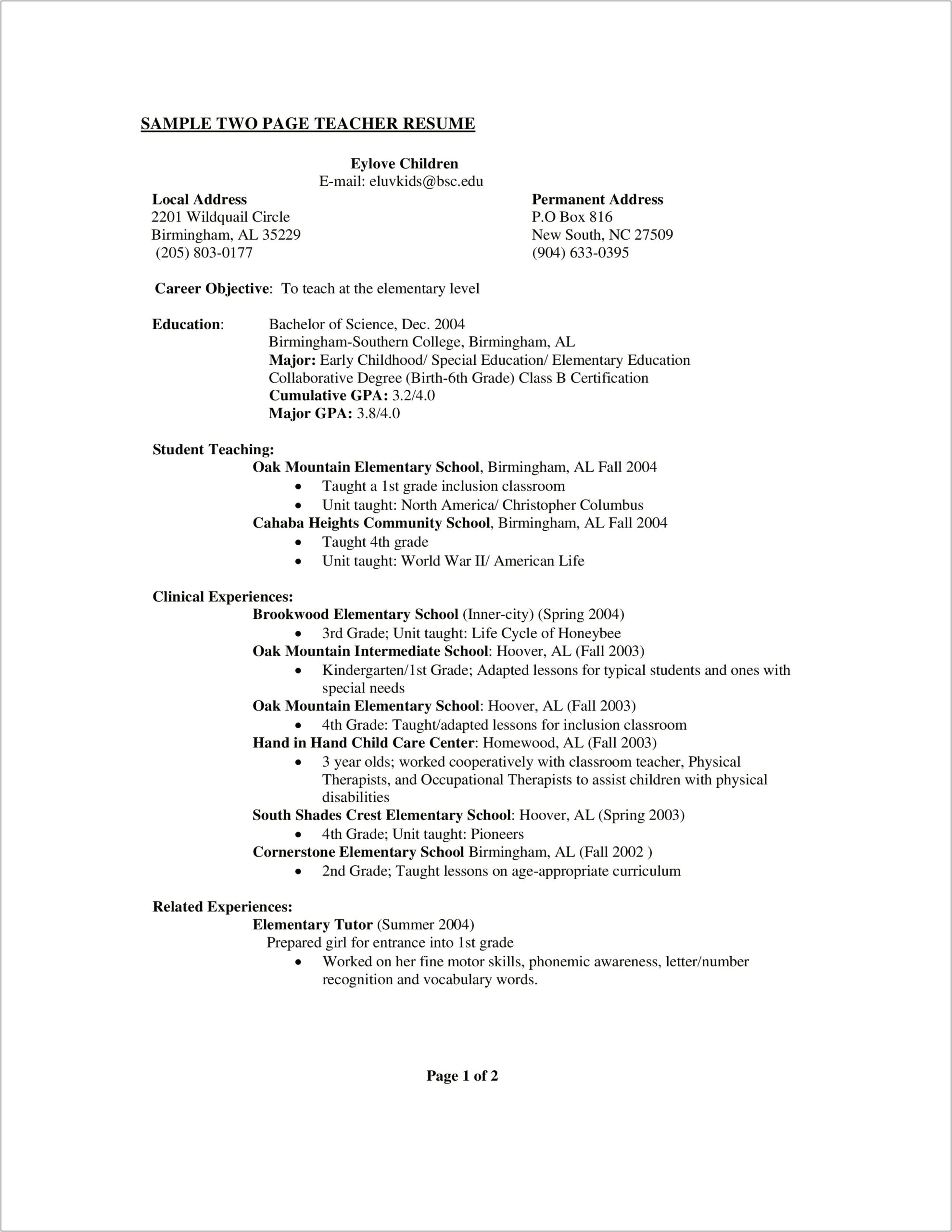 Sample Resume With Two Pages