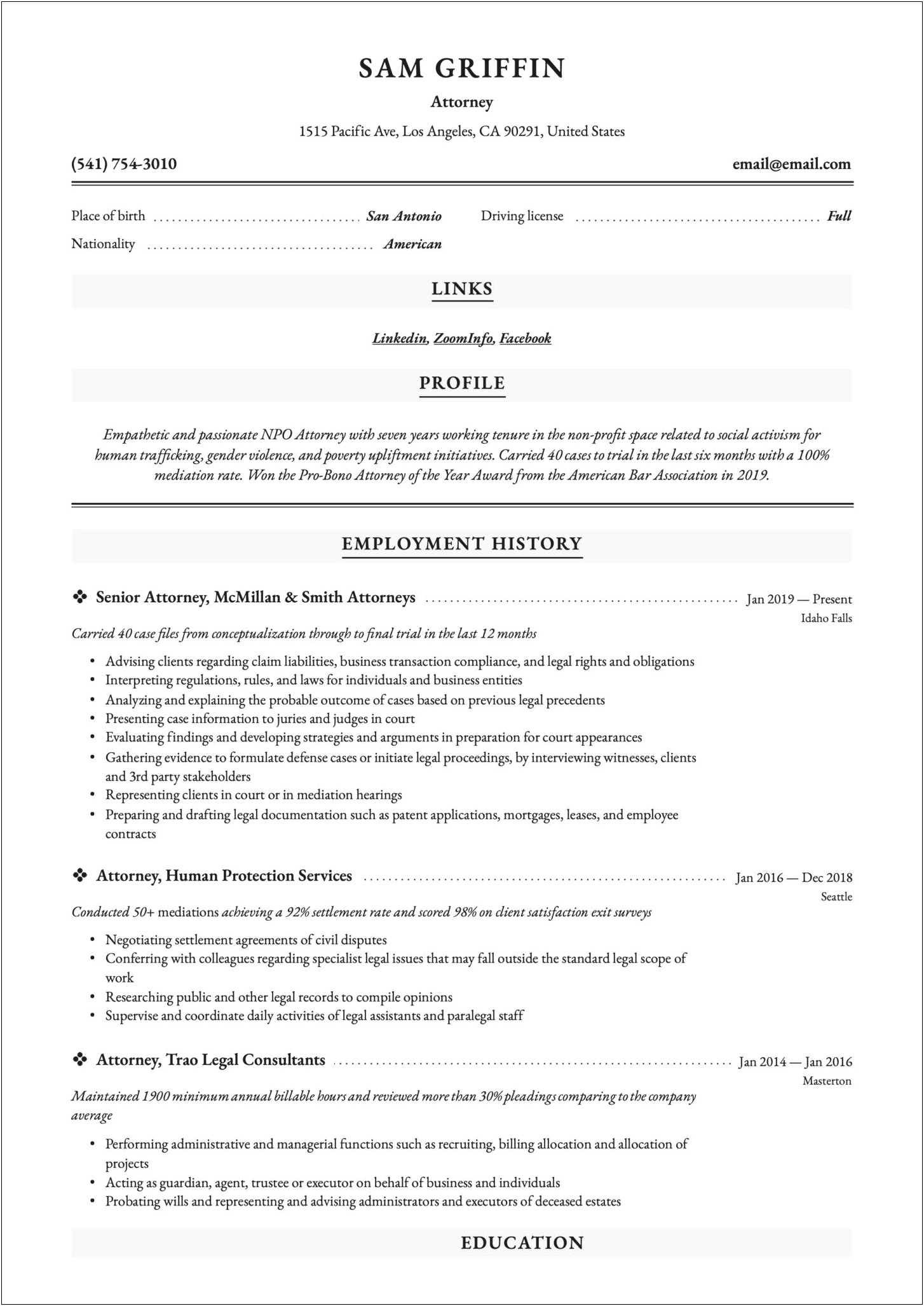 Sample Resume Workers Compensation Attorney