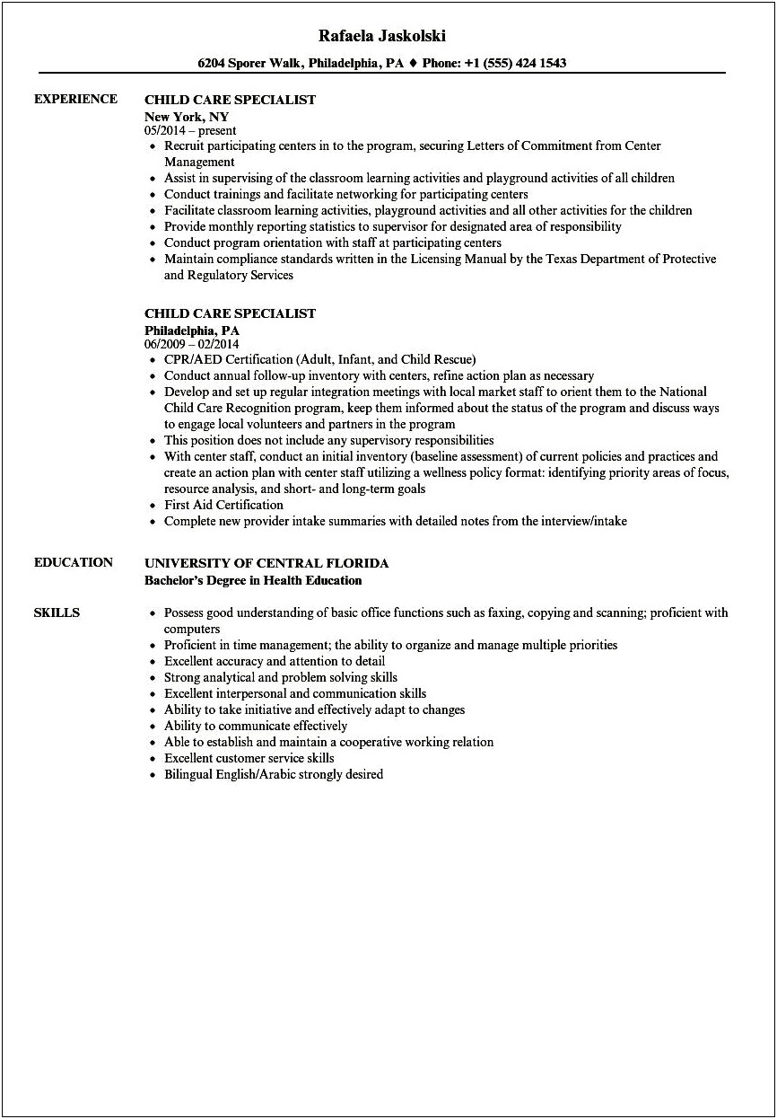 Sample Resumes Child Care Jobs