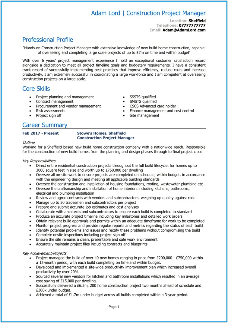 Sample Resumes Construction Project Manager