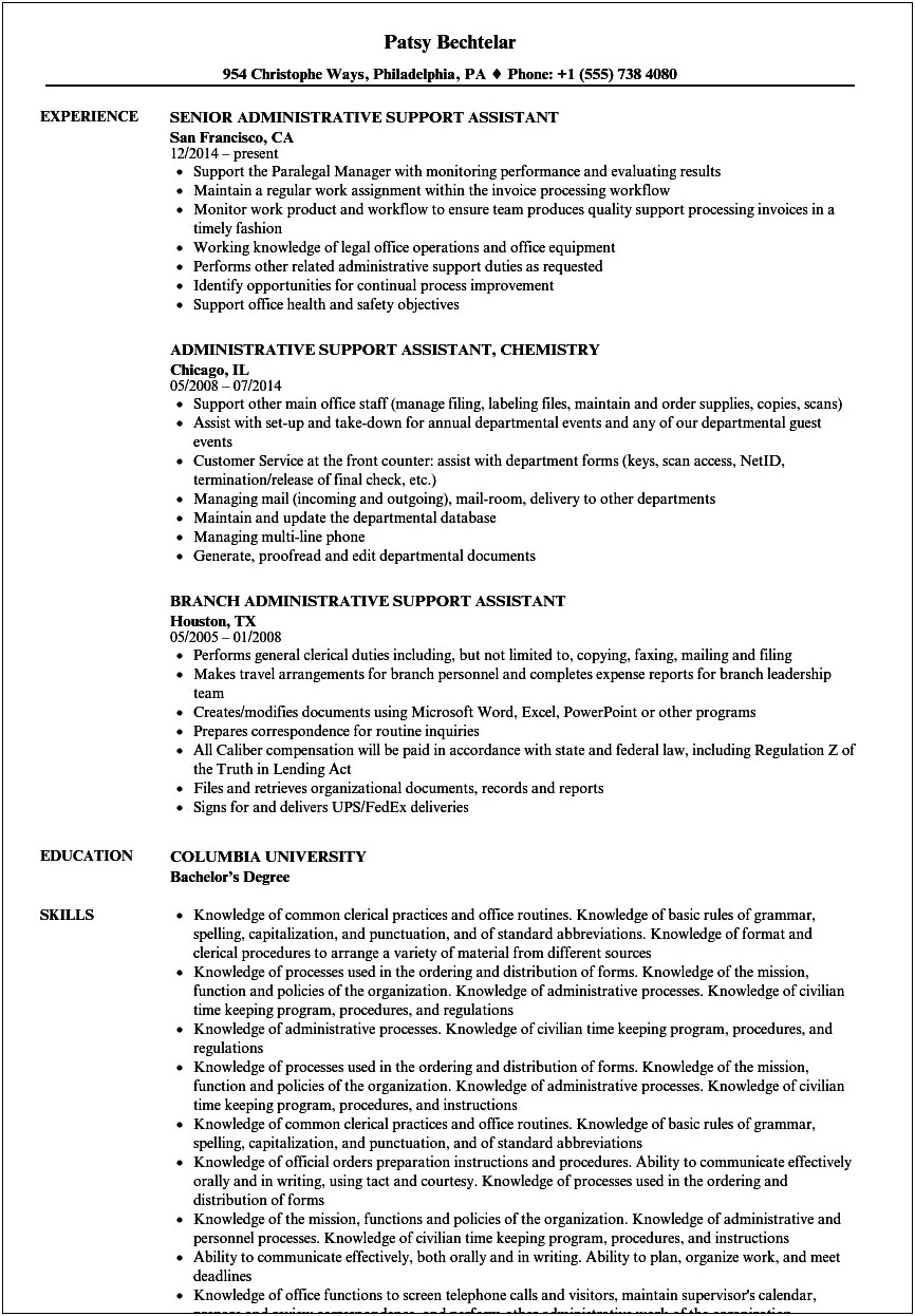 Sample Resumes For Administrative Assitant