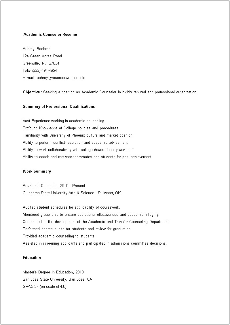 Sample Resumes For College Counselors