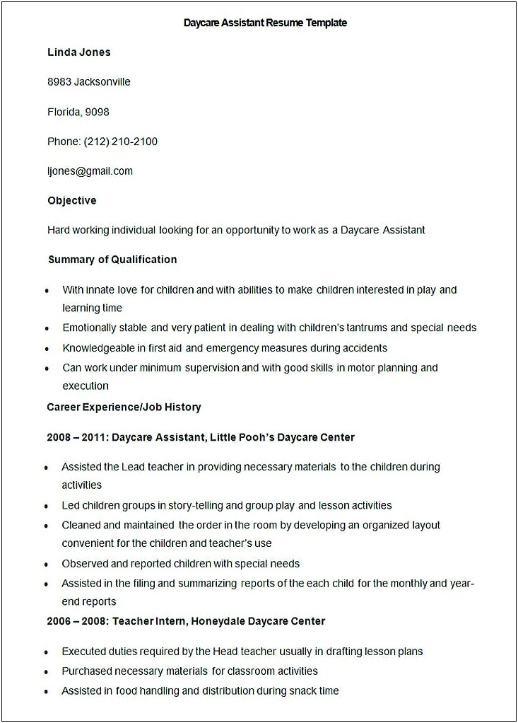 Sample Resumes For Daycare Teachers