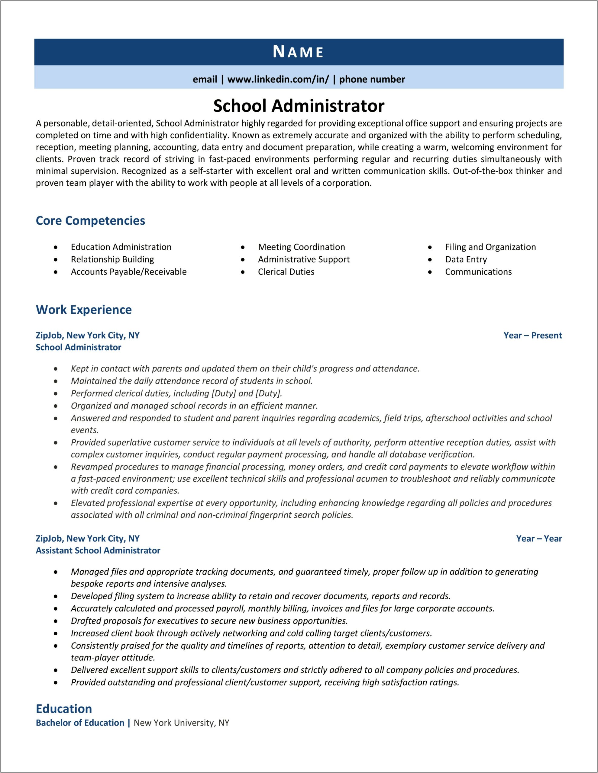 Sample Resumes For Education Administrators