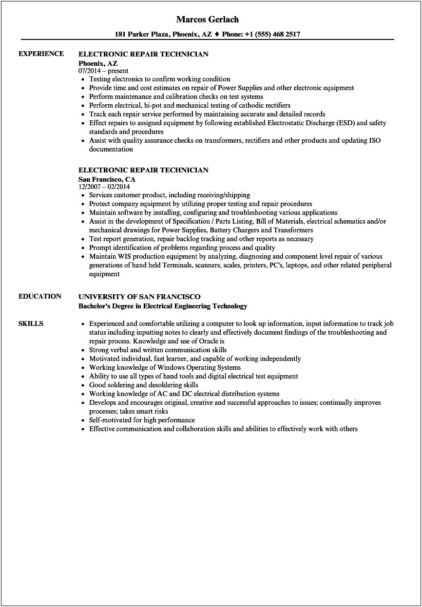 Sample Resumes For Electronics Technician