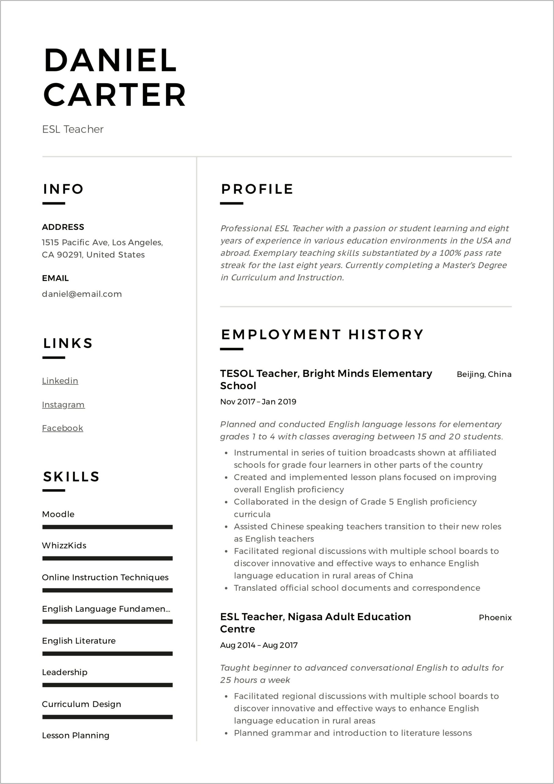 Sample Resumes For Esl Students