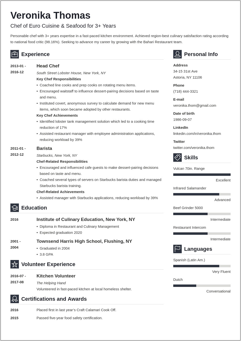 Sample Resumes For Executive Chefs