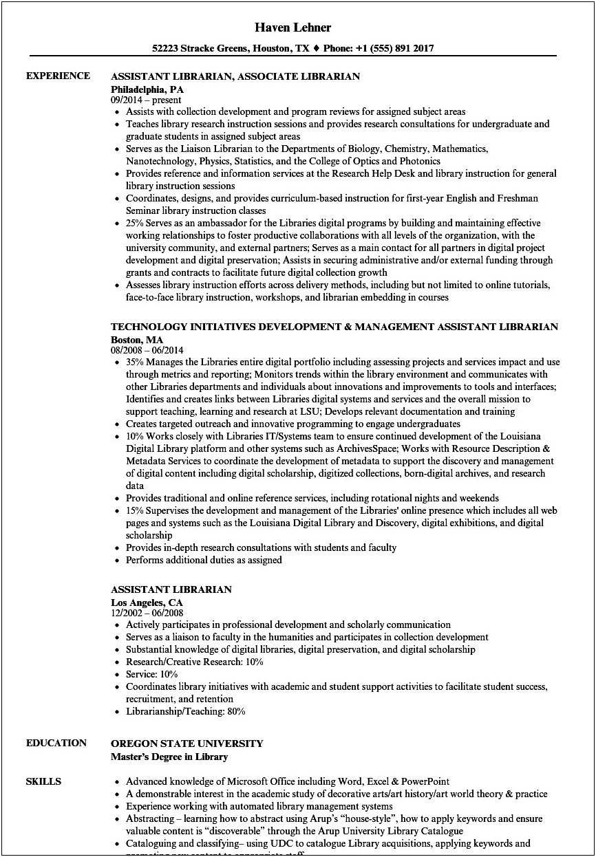 Sample Resumes For Library Assistant