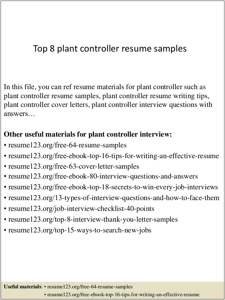 Sample Resumes For Manufacturing Controller