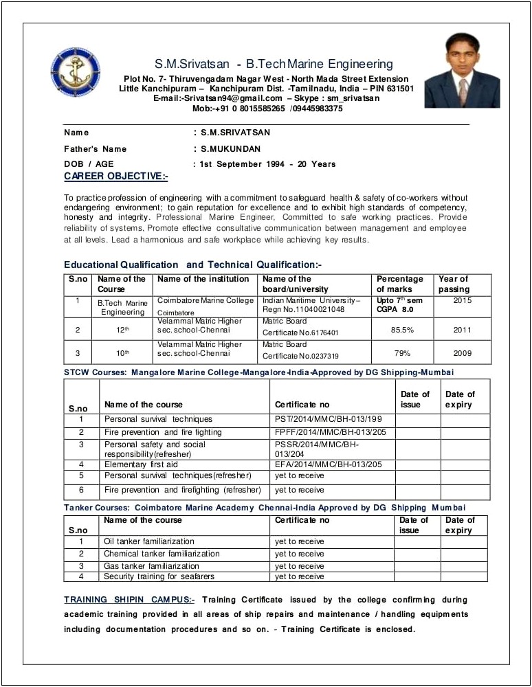Sample Resumes For Maritime Officers