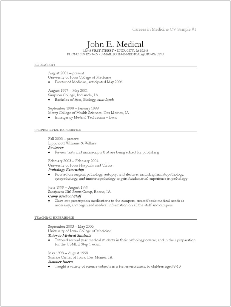 Sample Resumes For Medical Professionals