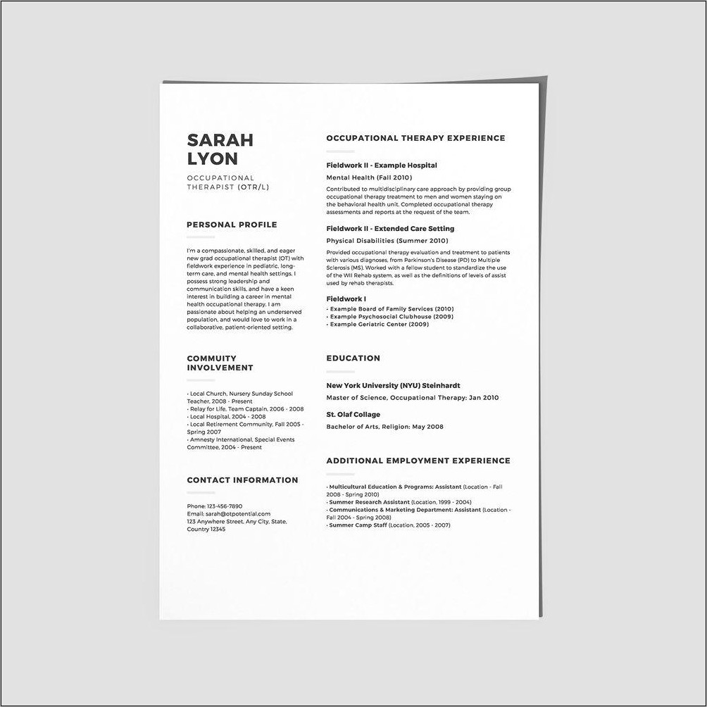 Sample Resumes For Occupational Therapists