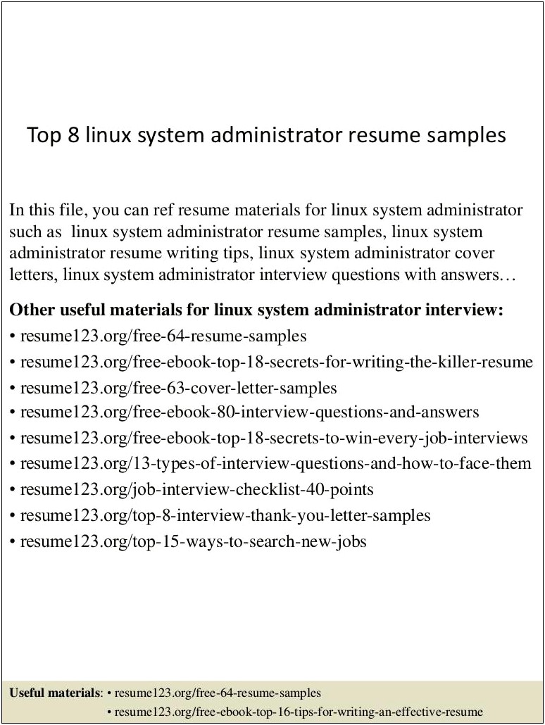 Sample Resumes On Linux Admin