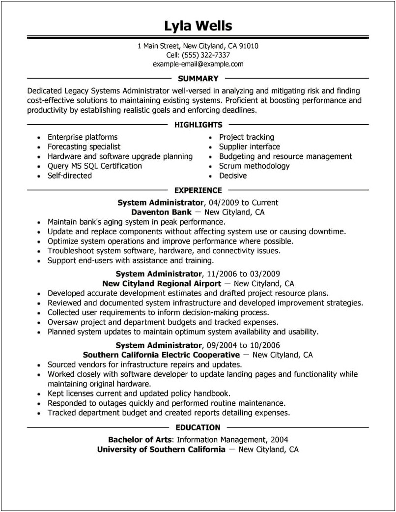Sample Resumes On System Administrator