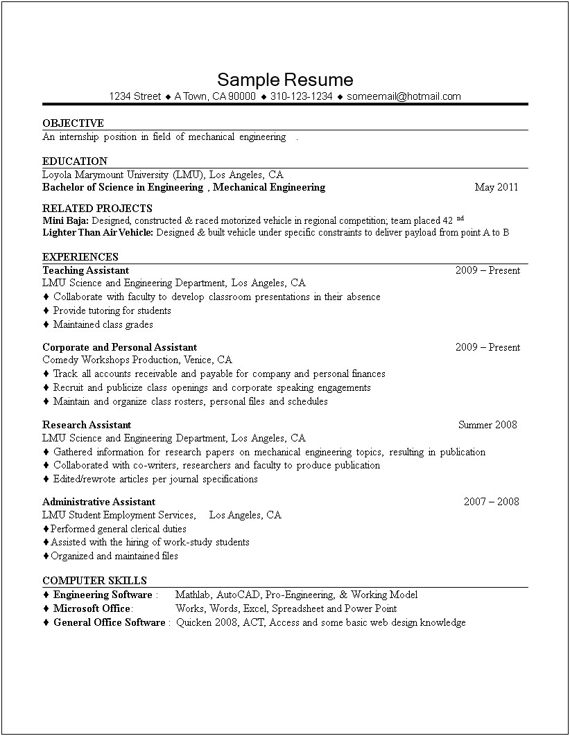 Sample Resumes With Internship Experience