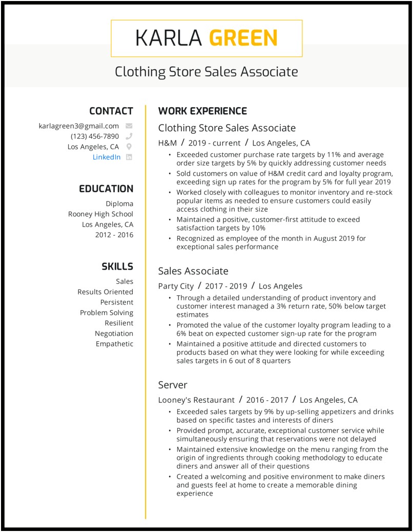 Sample Sales Associate Resume Description