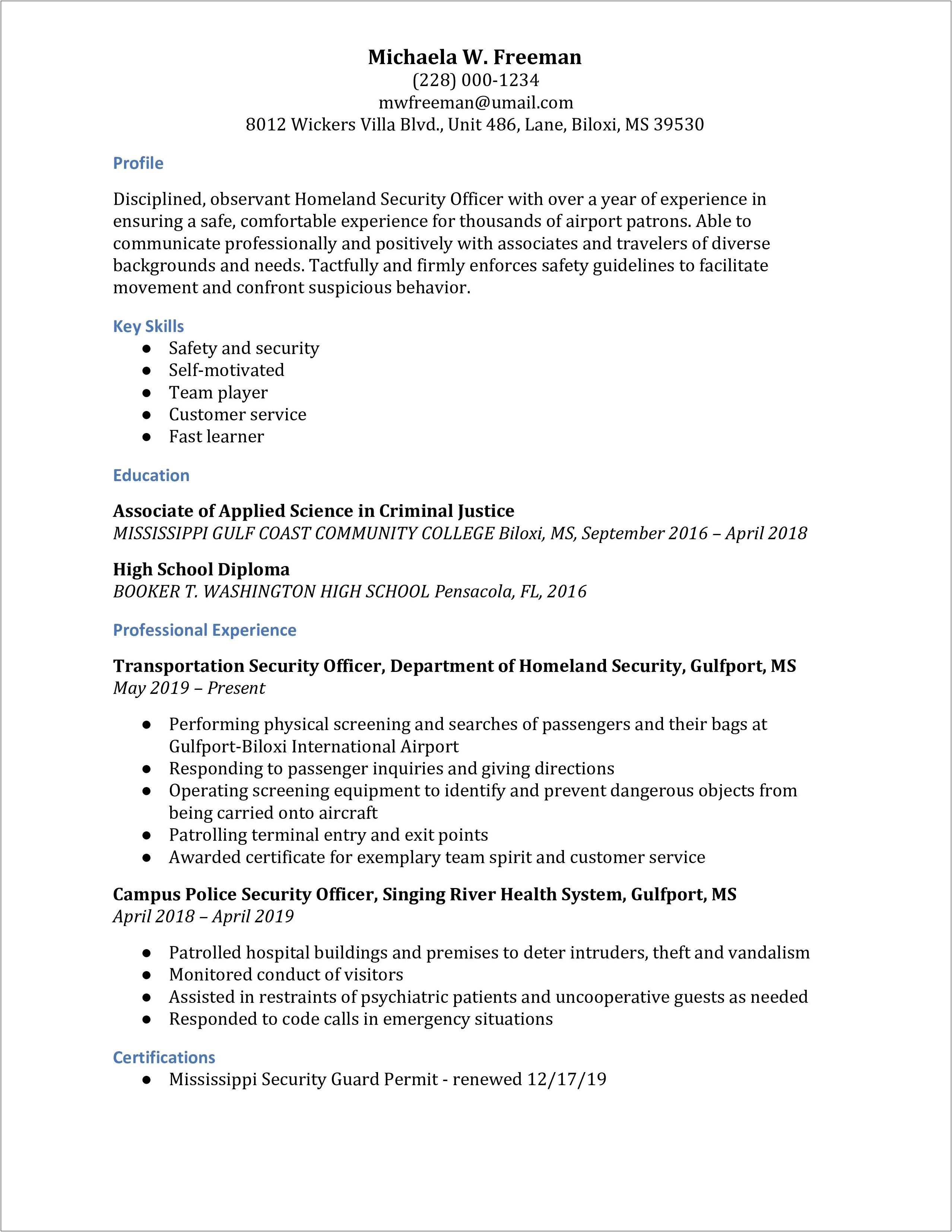 Sample Security Resume No Experience