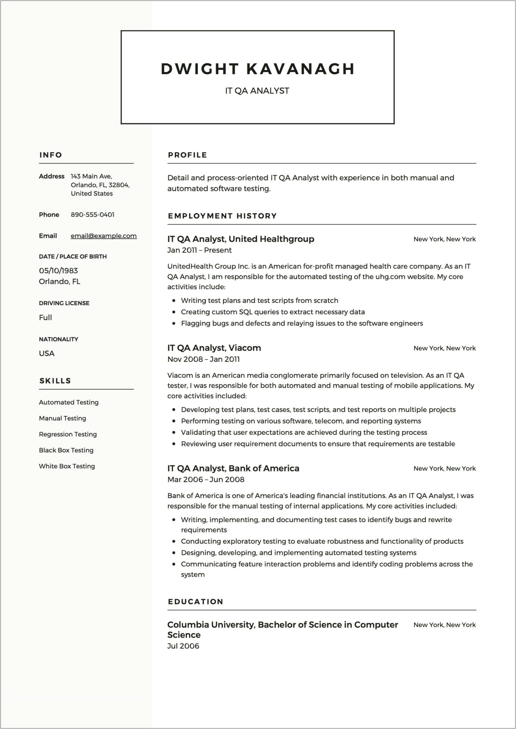 Sample Senior Qa Analyst Resume