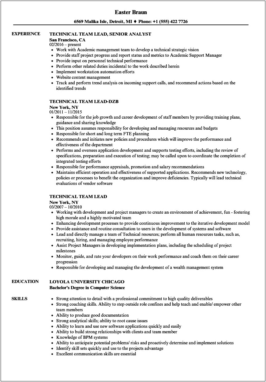 Sample Services Team Lead Resumes
