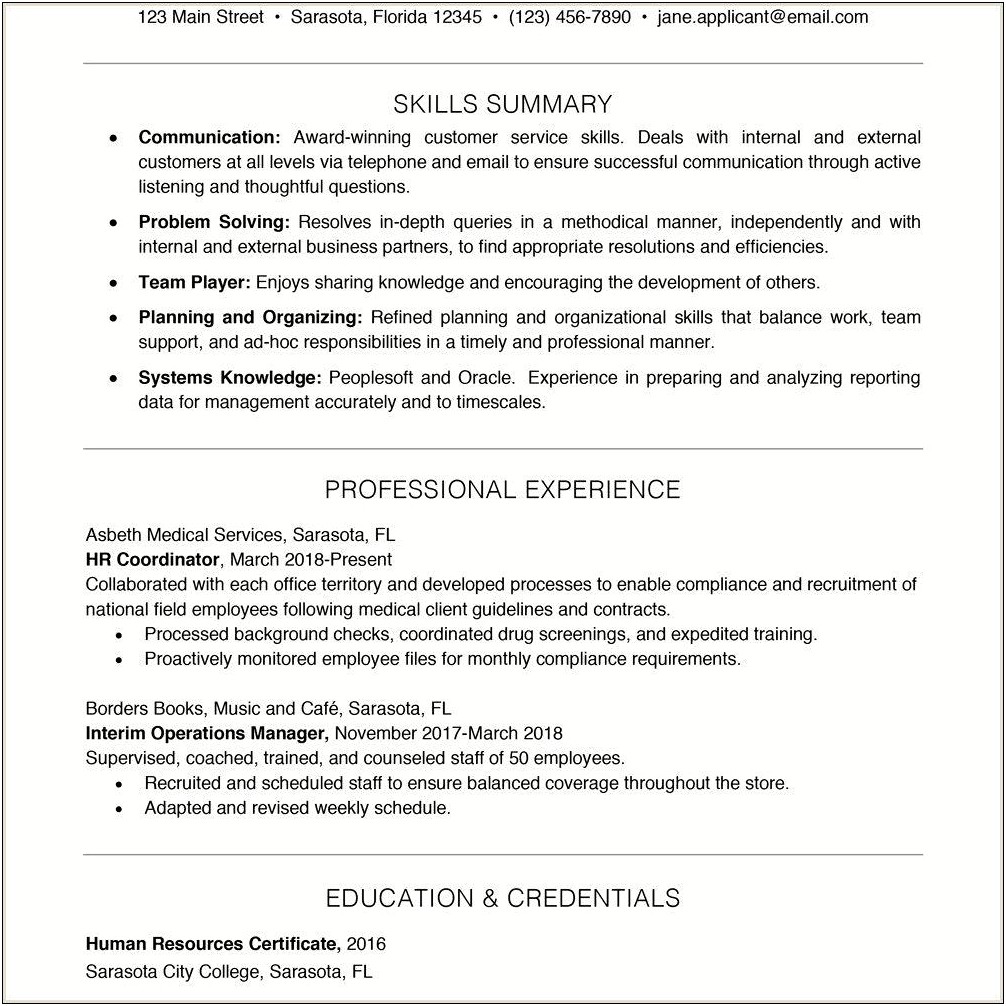Sample Skills Section Information Resume