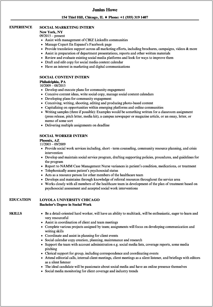 Sample Social Work Internship Resume