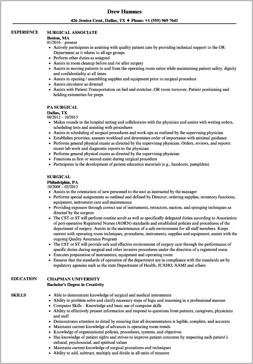 Sample Student Surgical Technologist Resume