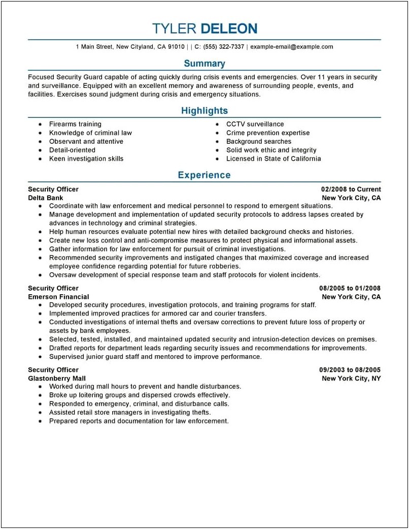 Sample Targeted Security Guard Resume