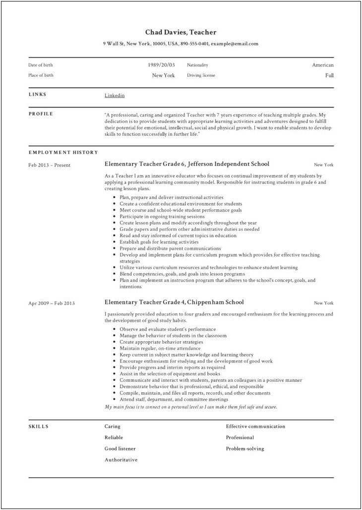 Sample Teacher Resume Without Experience