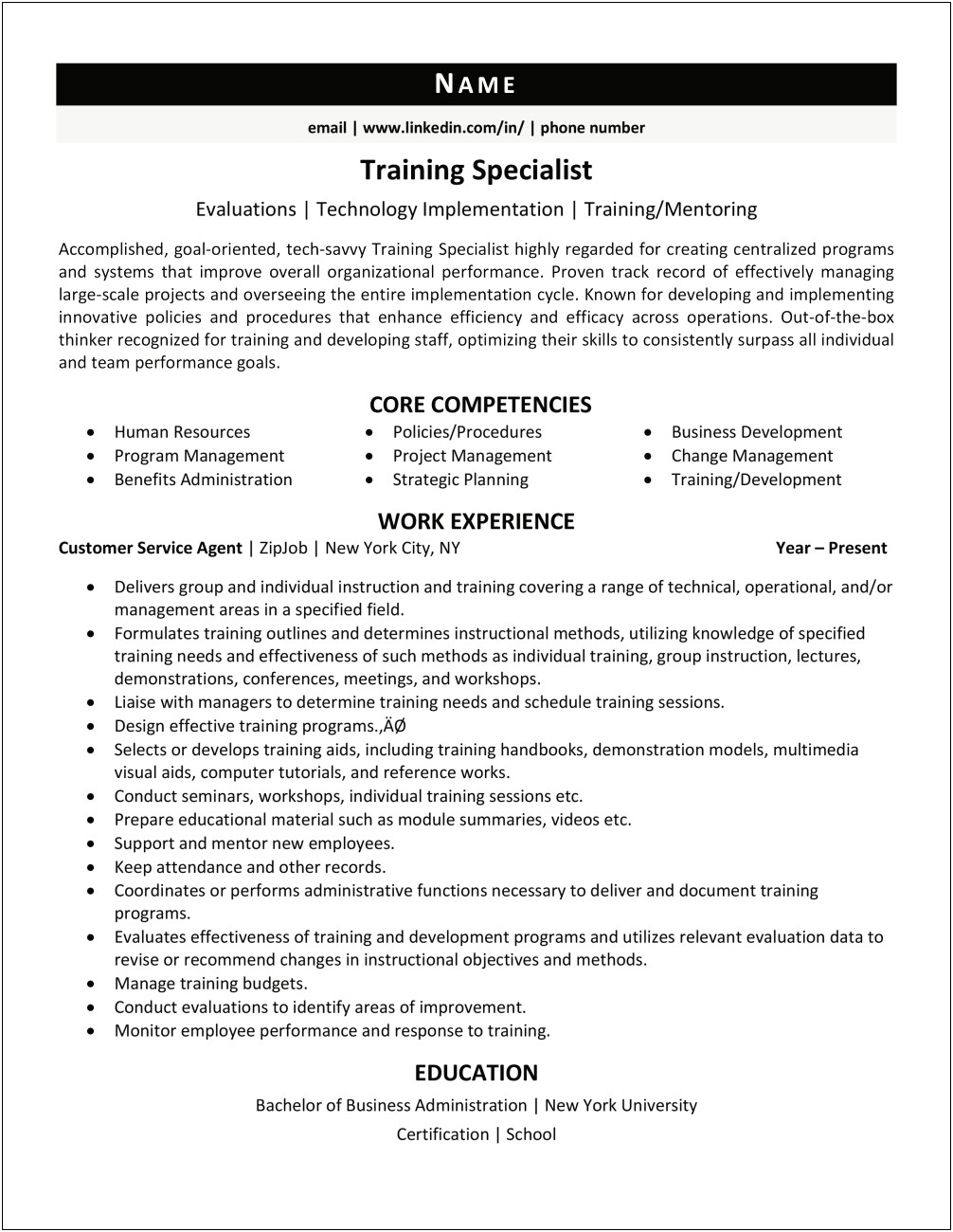 Sample Training Specialist Resume Business