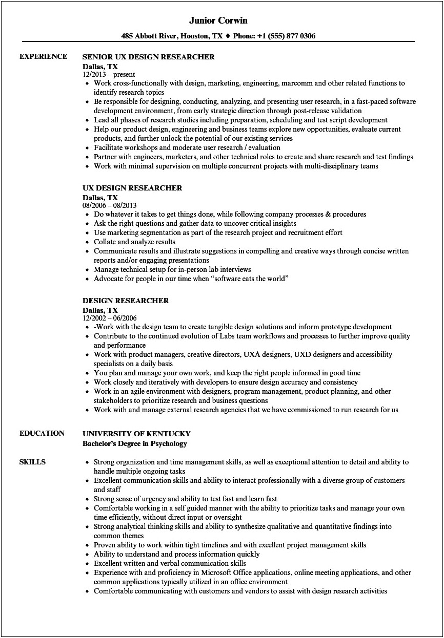 Sample User Experience Researcher Resume