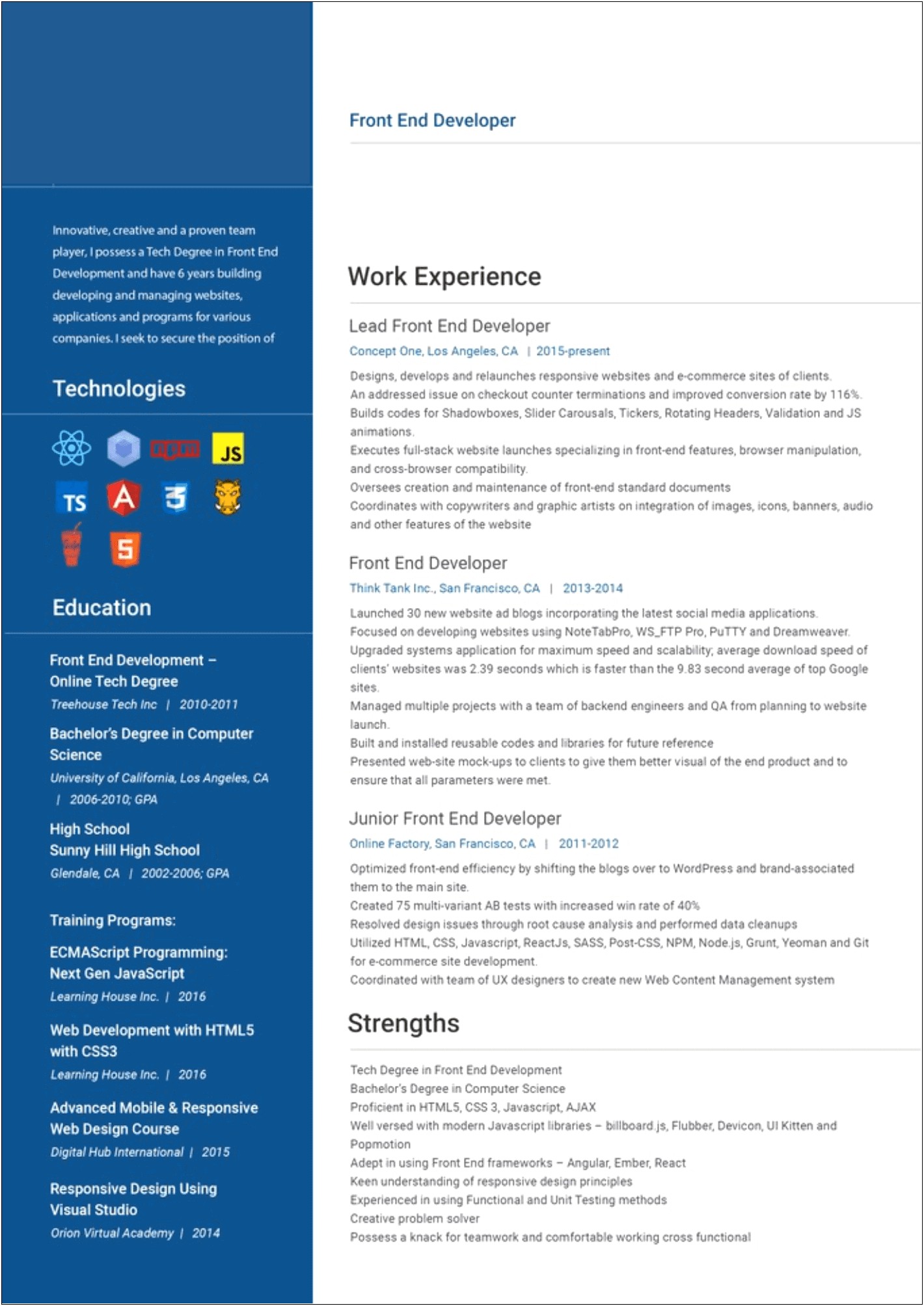 Sample Web Development Tech Resume