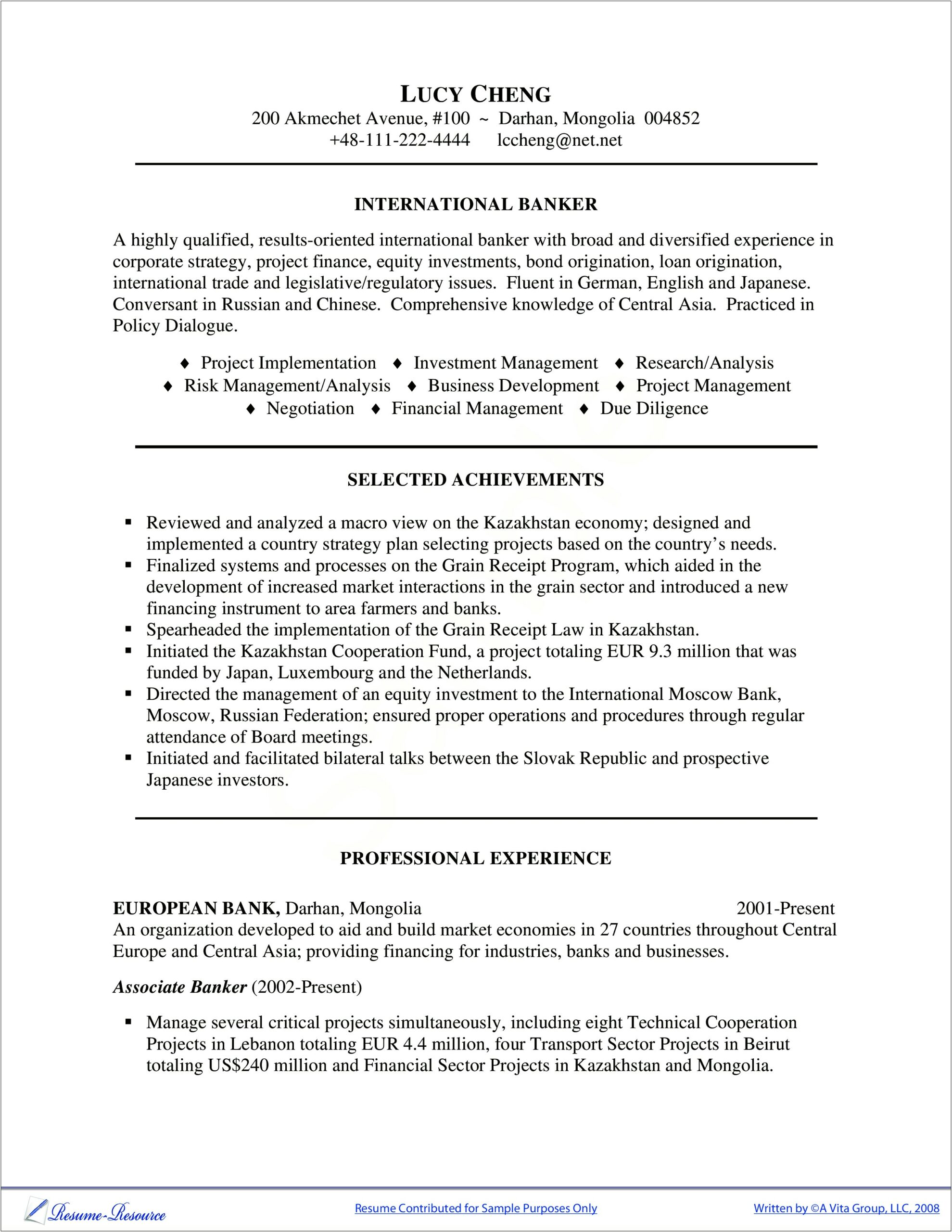Sample Working Investment Banking Resume