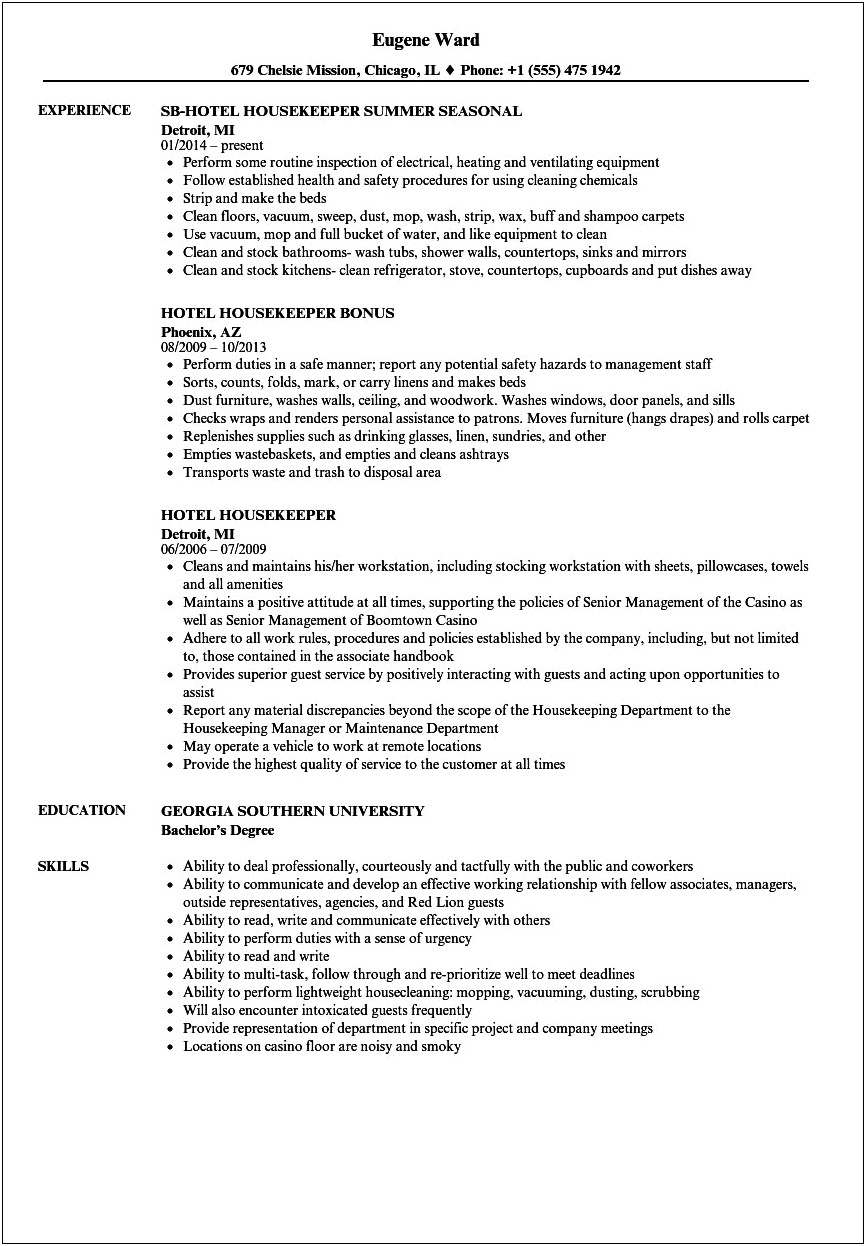 Samples Of A Houskeeper Resume