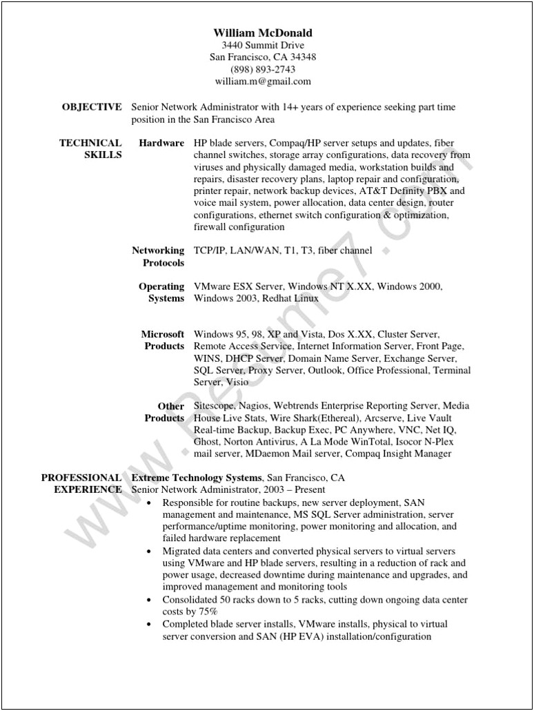 Samples Of Network Administrator Resumes