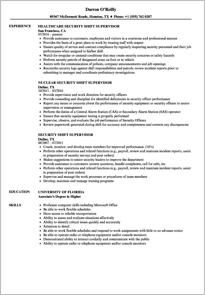 Samples Of Security Supervisor Resumes