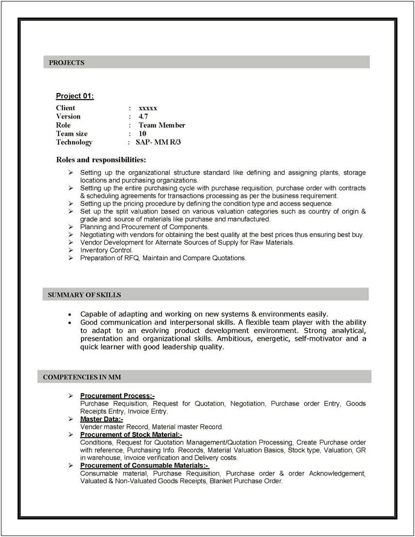 Sap Entry Level Resume Sample
